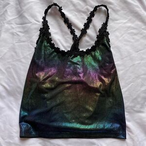 Bear Dance Iridescent cropped racer back tank top with floral lace detail